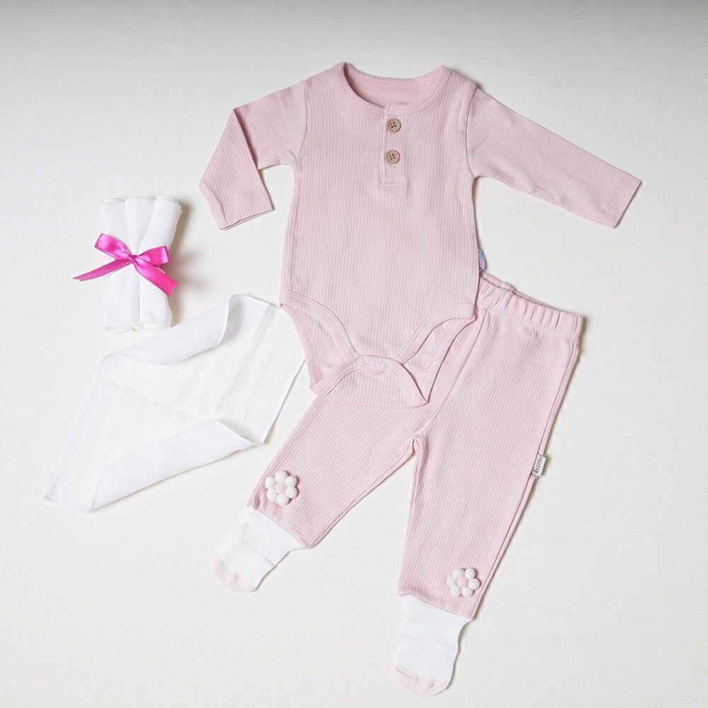 100% Cotton Baby Bodysuit & Pants Set Organic Cotton Pink Wooden Buttons